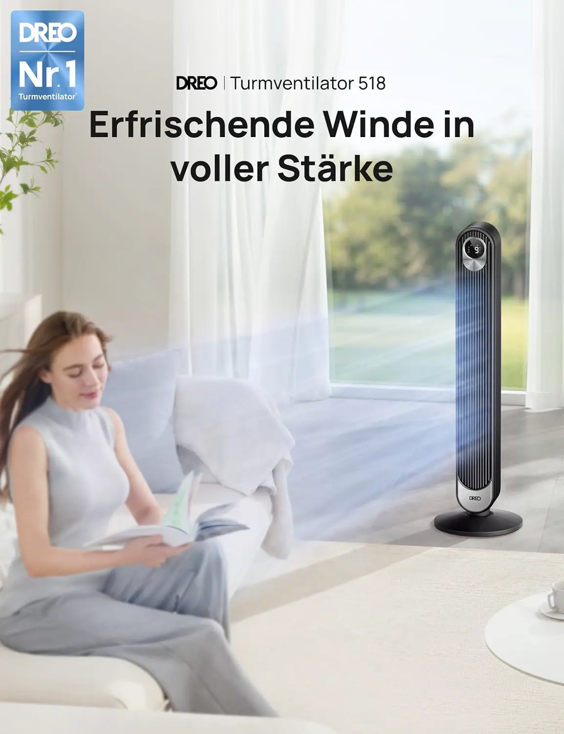 DREO DC Motor Turmventilator Leiser, 11M Windentfernung Ventilator mit Kühlung Fernbedienung, 9 Stufen 4 Modi, 90° Oszillierender Stand Ventilatoren für Schlafzimmer, Tower Fan mit 12H Timer vue 2