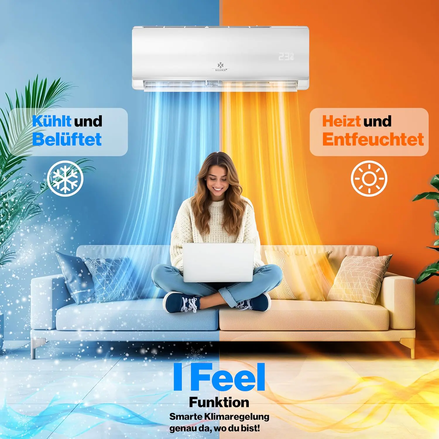 KESSER® Klimaanlage Set Split, WiFi/App Funktion Klimagerät, Kühlen A++/Heizen A+, 9000 BTU/h (2.600W) sehr leise, Kältemittel R32, Fernbedienung, Timerfunktion, Montagematerial, Weiß vue 4