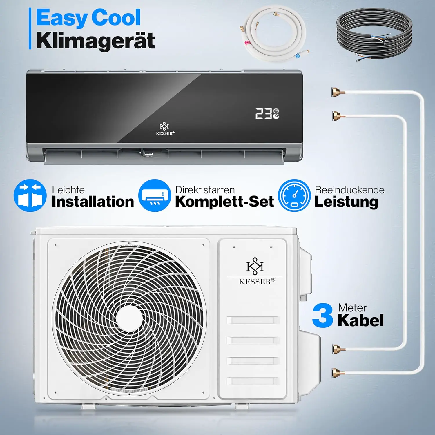 KESSER® Klimaanlage Set Split, WiFi/App Funktion Klimagerät, Kühlen A++/Heizen A+, 9000 BTU/h (2.600W) sehr leise, Kältemittel R32, Fernbedienung, Timerfunktion, Montagematerial, Anthrazit vue 2
