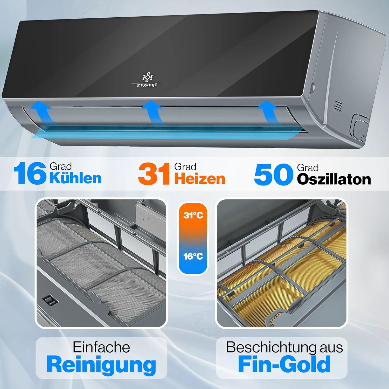 KESSER® Klimaanlage Set Split, WiFi/App Funktion Klimagerät, Kühlen A++/Heizen A+, 9000 BTU/h (2.600W) sehr leise, Kältemittel R32, Fernbedienung, Timerfunktion, Montagematerial, Anthrazit vue 3