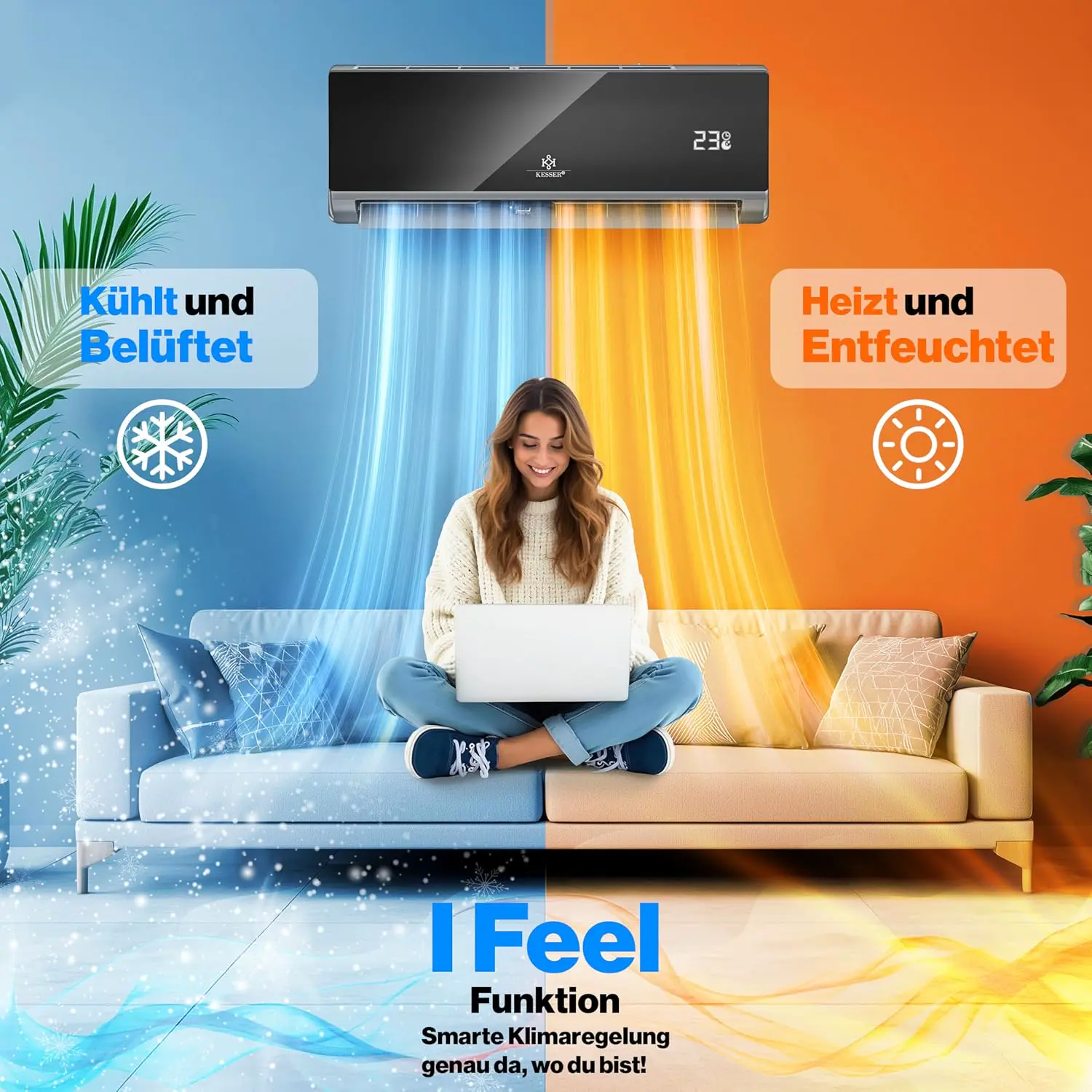 KESSER® Klimaanlage Set Split, WiFi/App Funktion Klimagerät, Kühlen A++/Heizen A+, 9000 BTU/h (2.600W) sehr leise, Kältemittel R32, Fernbedienung, Timerfunktion, Montagematerial, Anthrazit vue 4