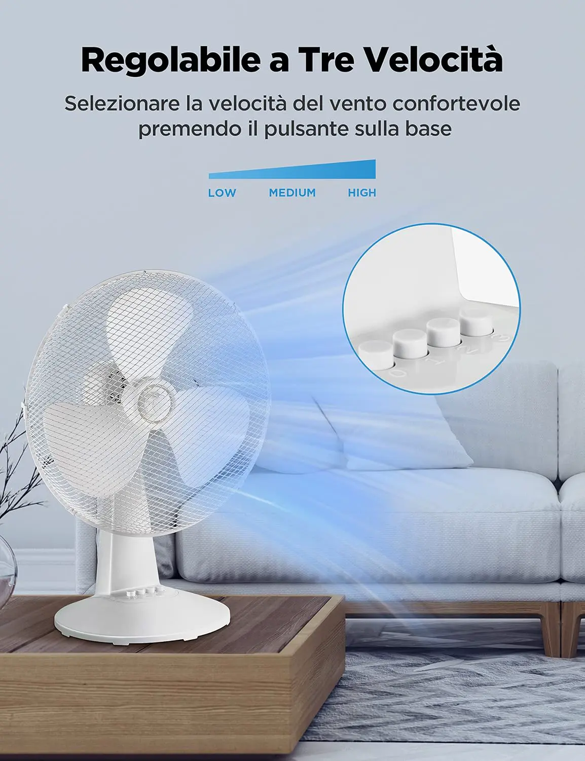 Midea FT40-21M Tischventilator, 40 W, Durchmesser 40 cm, leiser Ventilator mit 3 Flügeln, 3 Geschwindigkeitsstufen, 80°-Oszillation, Weiß vue 2