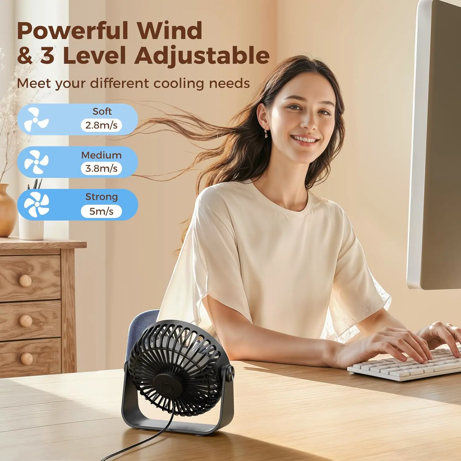 TriPole USB-Schreibtischventilator, 3 Geschwindigkeiten, verstellbar, starker Wind, Tischventilator, 360° Kopf drehbar, 1,5 m Kabel, persönlicher Desktop-Ventilator, 11,4 cm, tragbarer Mini-Ventilator vue 2