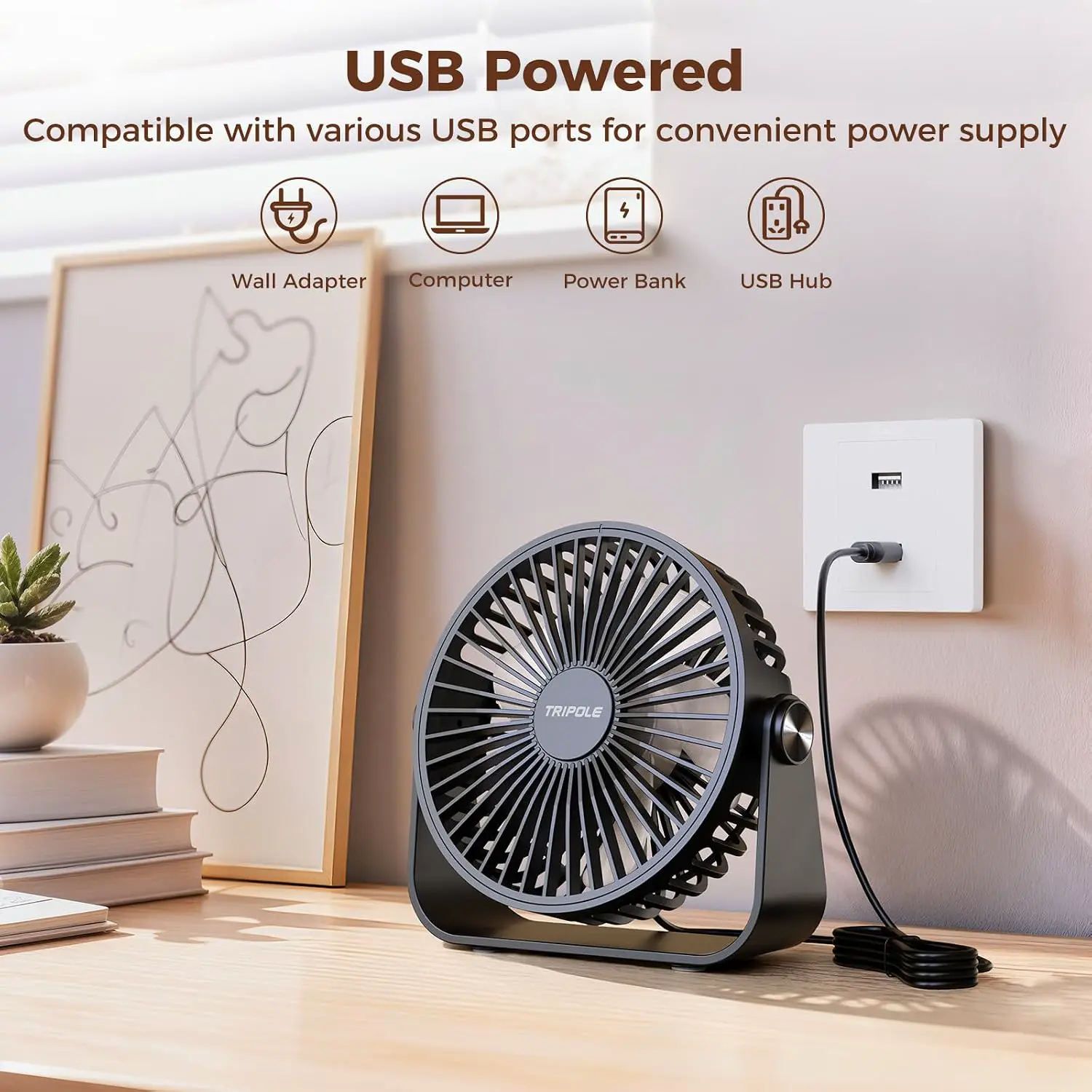 TriPole USB-Schreibtischventilator, 3 Geschwindigkeiten, verstellbar, starker Wind, Tischventilator, 360° Kopf drehbar, 1,5 m Kabel, persönlicher Desktop-Ventilator, 11,4 cm, tragbarer Mini-Ventilator vue 4