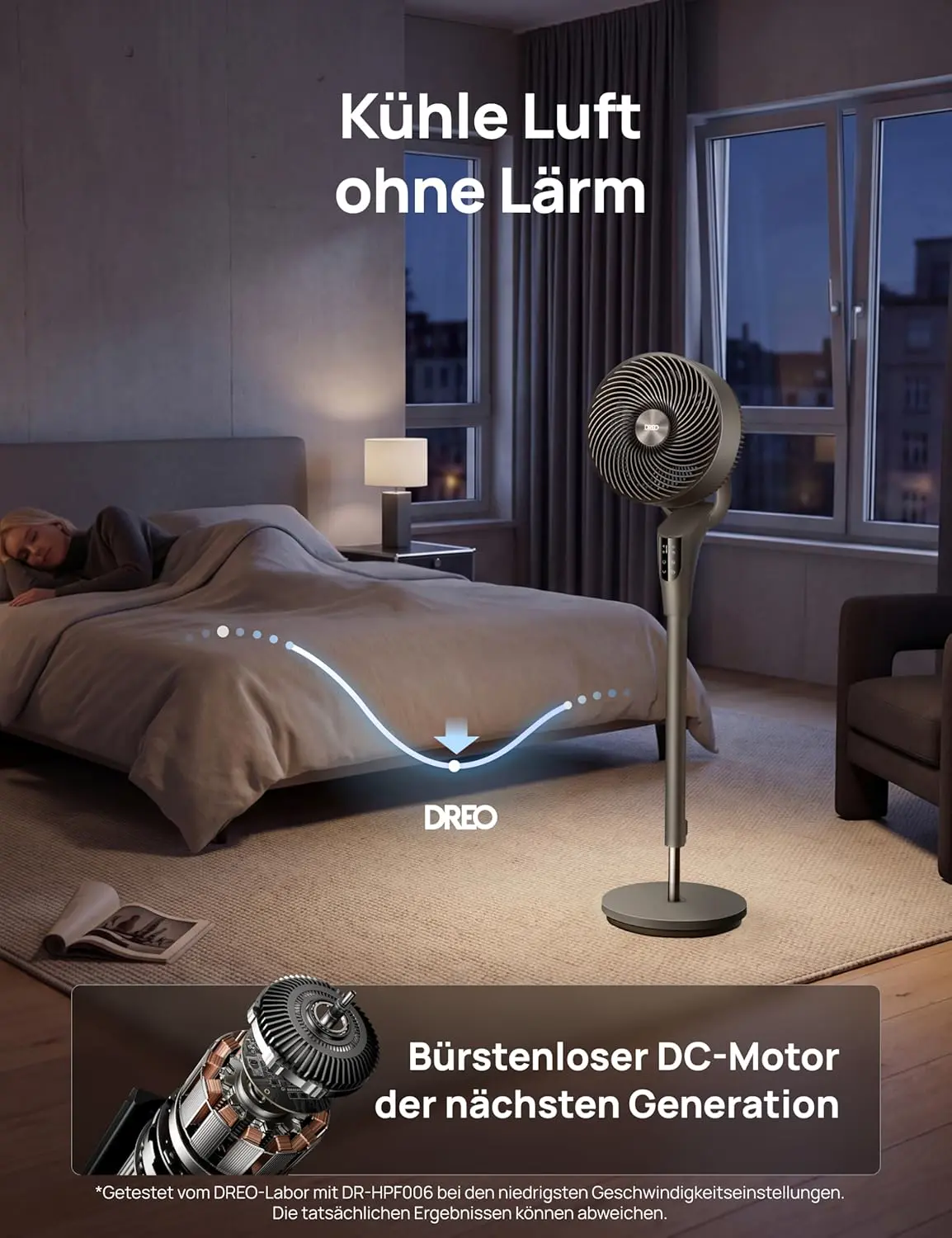 DREO Leiser Standventilator für Schlafzimmer [Verbessert], 27m Luftstrom, Leise, 90° Oszillierend, DC-Motor, 8 Geschwindigkeiten, 3 Modi, 96–106cm Höhenverstellbar, 8H Timer, 105° Manuell Neigbar vue 4