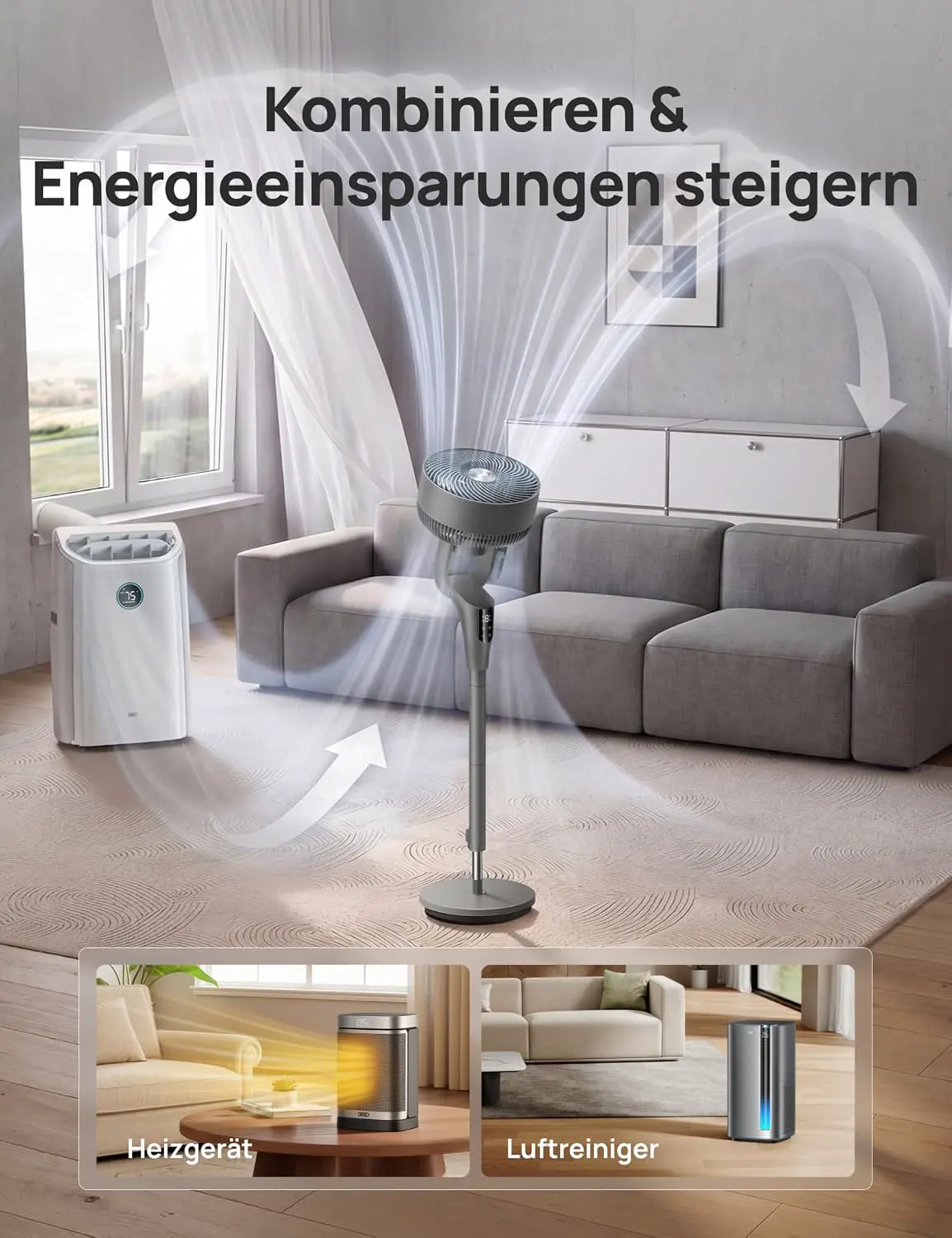 DREO Leiser Standventilator für Schlafzimmer [Verbessert], 27m Luftstrom, Leise, 90° Oszillierend, DC-Motor, 8 Geschwindigkeiten, 3 Modi, 96–106cm Höhenverstellbar, 8H Timer, 105° Manuell Neigbar vue 7