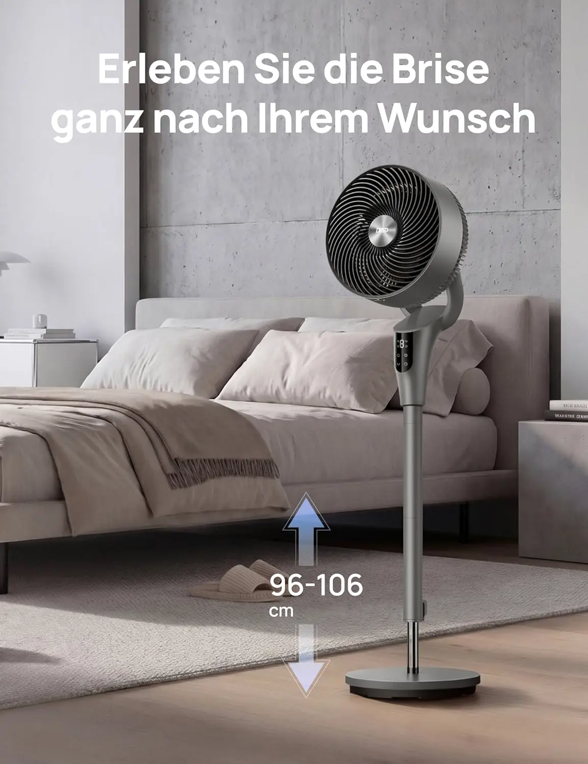 DREO Leiser Standventilator für Schlafzimmer [Verbessert], 27m Luftstrom, Leise, 90° Oszillierend, DC-Motor, 8 Geschwindigkeiten, 3 Modi, 96–106cm Höhenverstellbar, 8H Timer, 105° Manuell Neigbar vue 8
