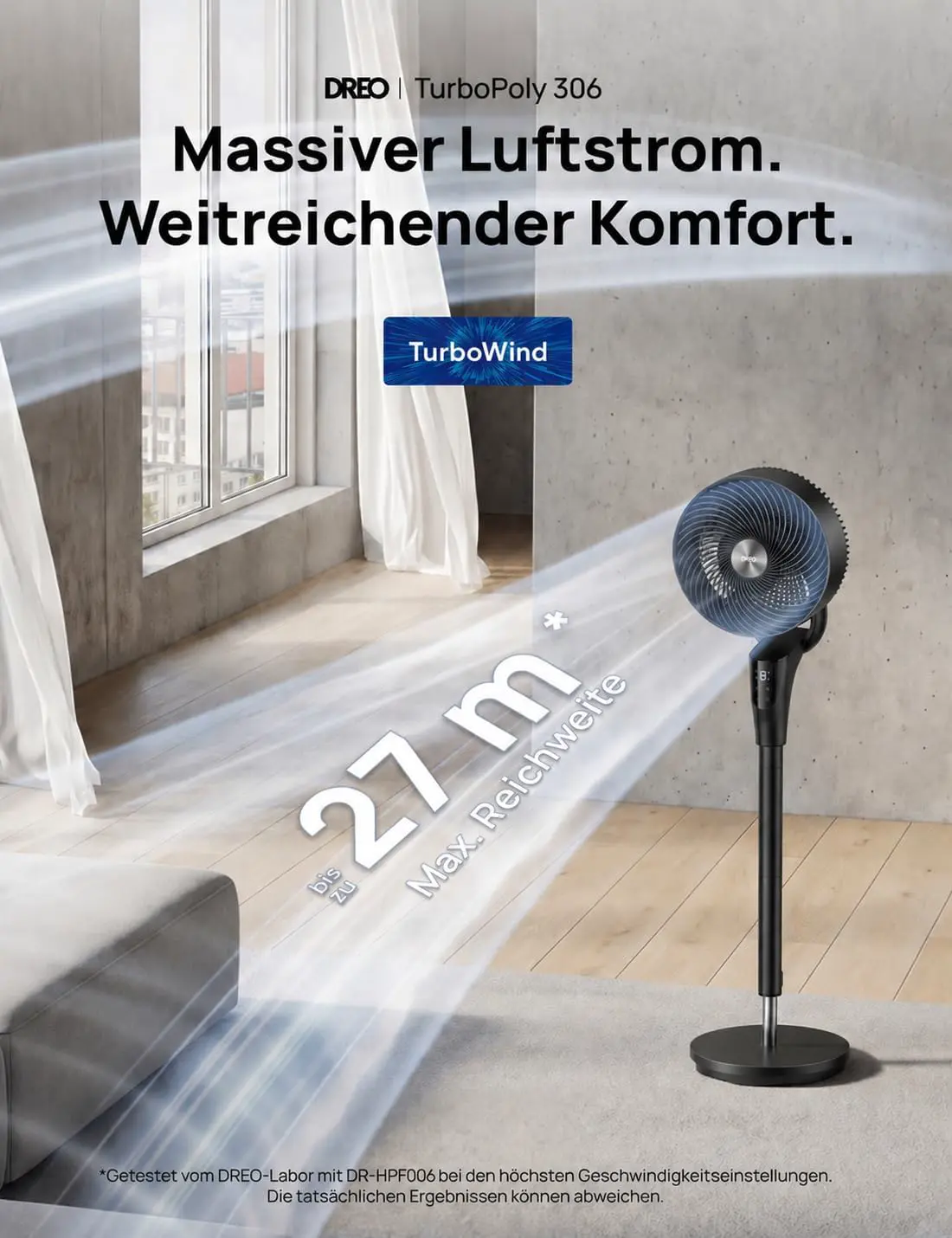 DREO Leiser Standventilator für Schlafzimmer [Verbessert], 27m Luftstrom, Leise, 90° Oszillierend, DC-Motor, 8 Geschwindigkeiten, 3 Modi, 96–106cm Höhenverstellbar, 8H Timer, 105° Manuell Neigbar vue 2