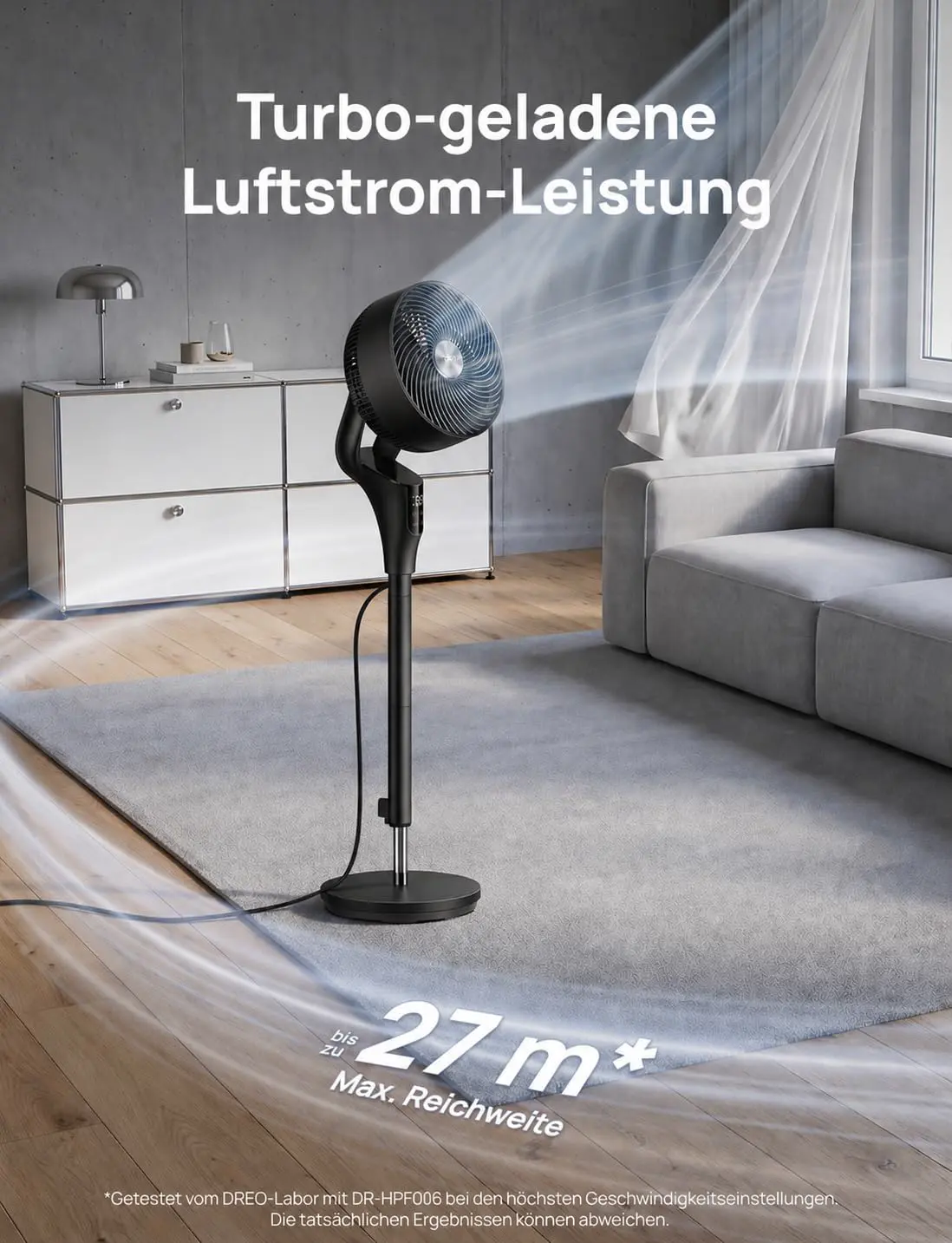 DREO Leiser Standventilator für Schlafzimmer [Verbessert], 27m Luftstrom, Leise, 90° Oszillierend, DC-Motor, 8 Geschwindigkeiten, 3 Modi, 96–106cm Höhenverstellbar, 8H Timer, 105° Manuell Neigbar vue 3