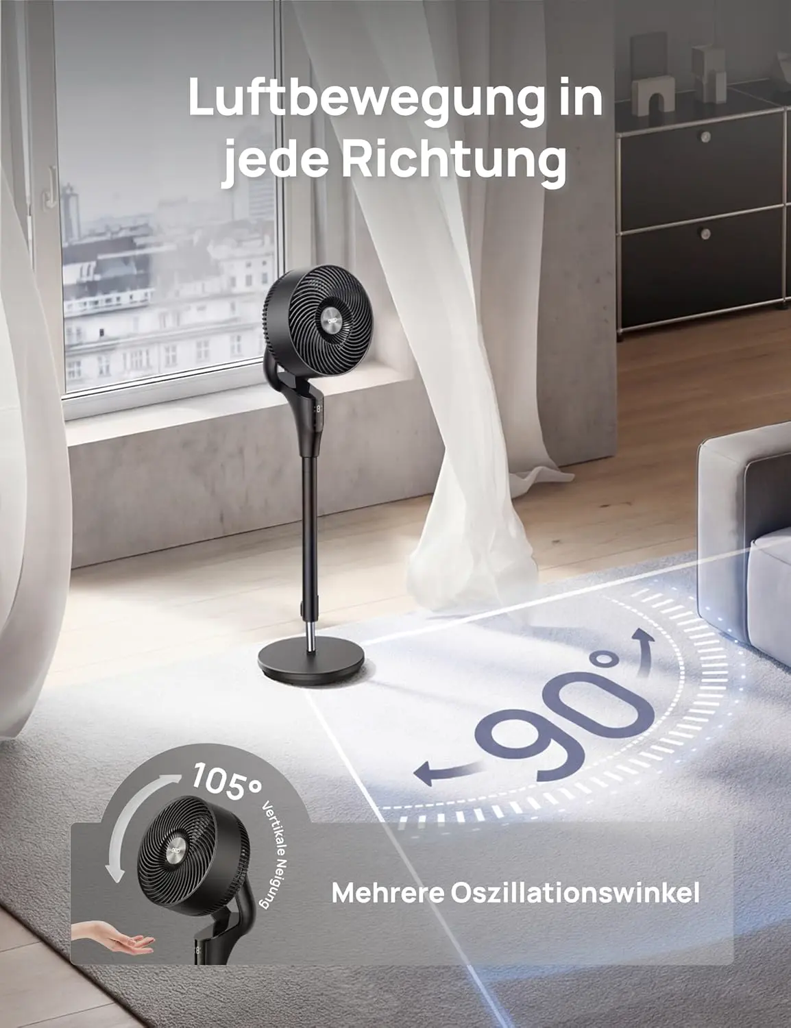 DREO Leiser Standventilator für Schlafzimmer [Verbessert], 27m Luftstrom, Leise, 90° Oszillierend, DC-Motor, 8 Geschwindigkeiten, 3 Modi, 96–106cm Höhenverstellbar, 8H Timer, 105° Manuell Neigbar vue 5