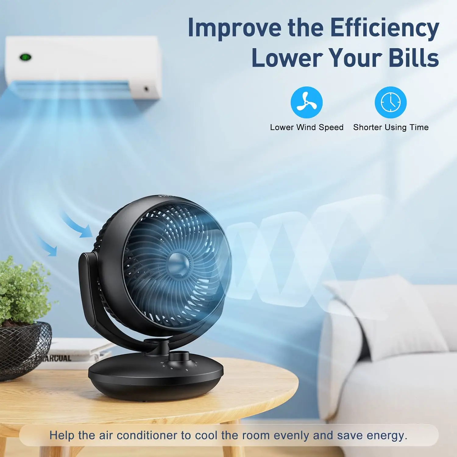 Ventilator Leise, 22dB Tischventilator sehr Leistungsstarker 3D Turbo Ventilatoren. 3 Geschwindigkeiten und 90° Verstellbare Neigung für Büro, Schlafzimmer, Wohnzimmer18m² Räume,Schwarz vue 7