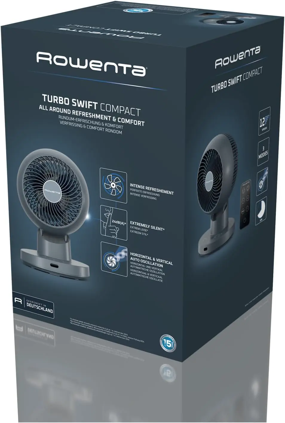 Rowenta Turbo Swift Kompakt Tischventilator, multidirektionale Schwenkfunktion, bis zu 50% Energieeinsparung, 12 Geschwindigkeitsstufen, 12h Timer, kompaktes Design, extrem leise, Blau, QV2540F0 vue 9