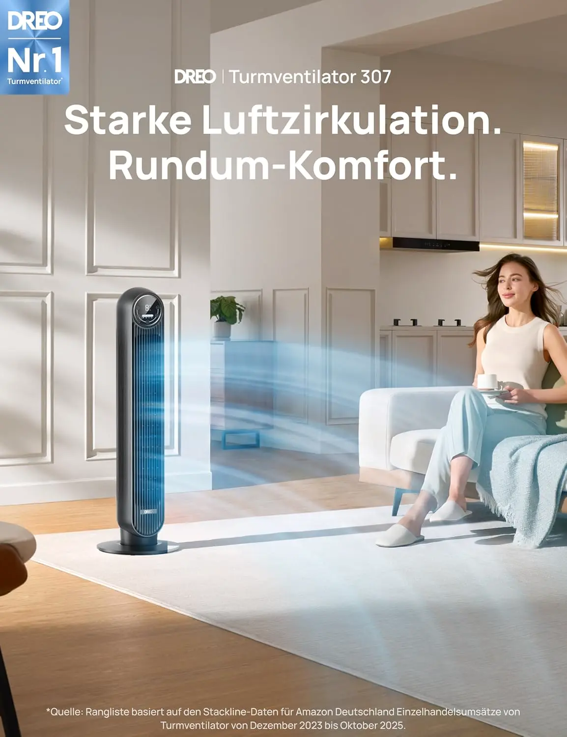 DREO Smart Leiser Turmventilator, APP & Sprachsteuerung, 90° oszillierender Ventilator mit Fernbedienung, 4 Modi, 4 Geschwindigkeiten, 8 Std. Timer, Nomad One S, Schwaz vue 3