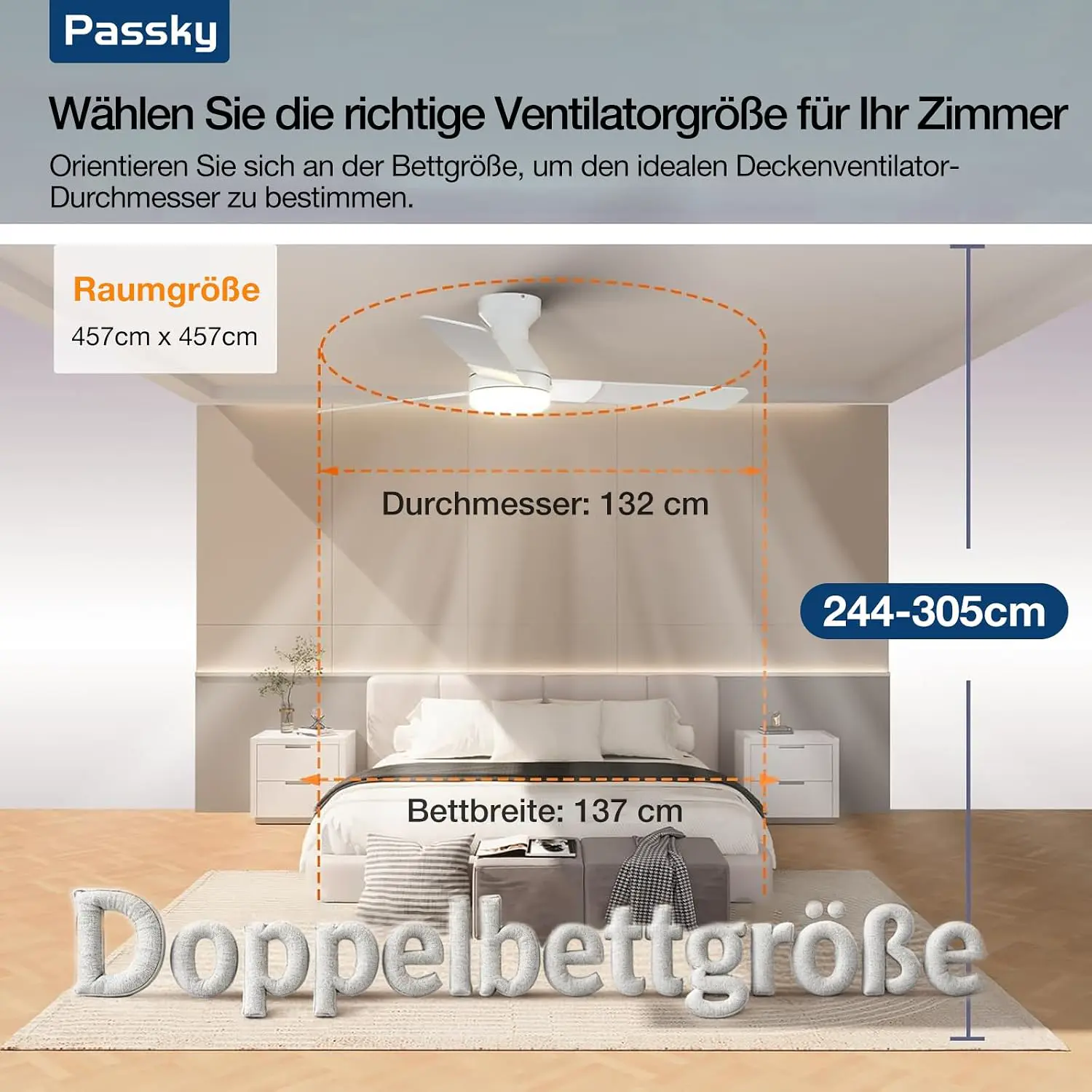 Passky Deckenventilator mit Beleuchtung, 132 cm flaches Design mit Fernbedienung, Deckenbündige Montage, reversibel, 3 Farbtemperaturen, dimmbar, leise für Schlafzimmer, Innen- und Außen Weiß vue 7