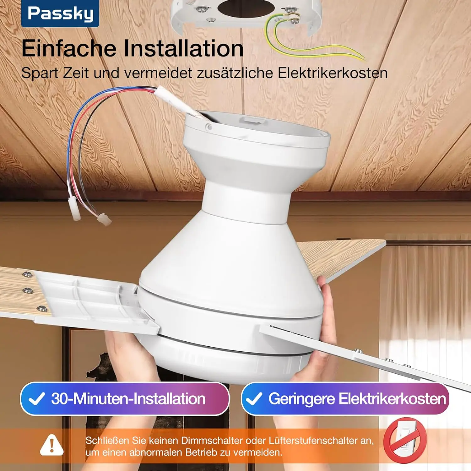 Passky Deckenventilator mit Beleuchtung, 132 cm flaches Design mit Fernbedienung, Deckenbündige Montage, reversibel, 3 Farbtemperaturen, dimmbar, leise für Schlafzimmer, Innen- und Außen Weiß vue 8