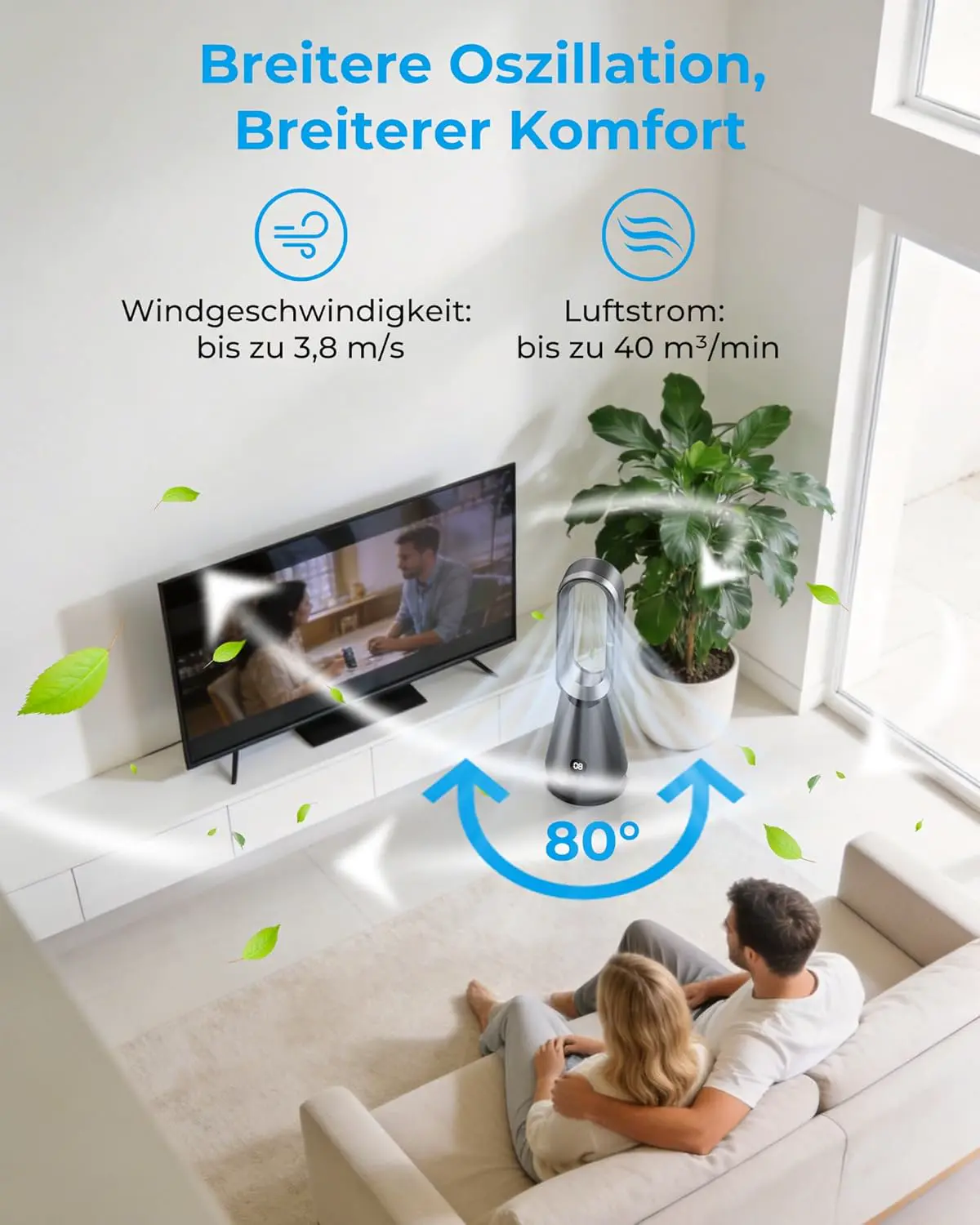 56cm Klein Leise 32dB Rotorloser Ventilator mit Fernbedienung und Digitaldisplay, 8 Geschwindigkeitsstufen, 80° Oszillation, 9H Timer, 30W Energiesparend Bladeless Fans für Schlafzimmer Büro vue 4