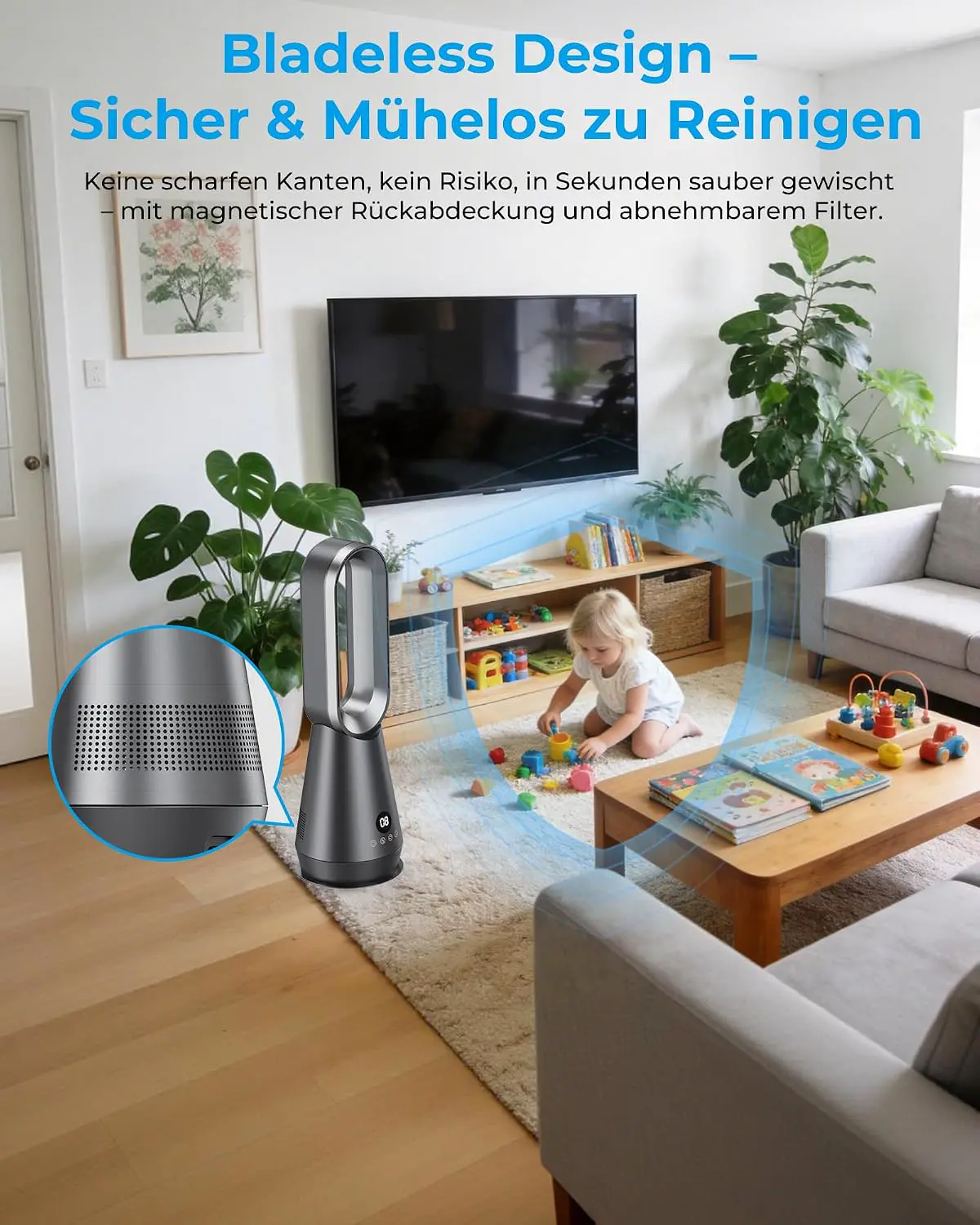 56cm Klein Leise 32dB Rotorloser Ventilator mit Fernbedienung und Digitaldisplay, 8 Geschwindigkeitsstufen, 80° Oszillation, 9H Timer, 30W Energiesparend Bladeless Fans für Schlafzimmer Büro vue 7