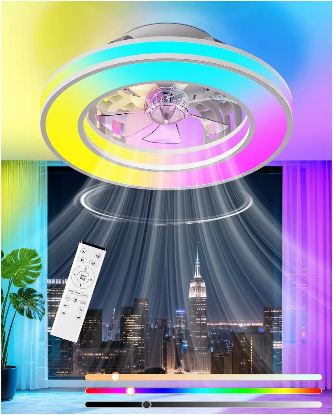 Deckenventilator mit Beleuchtung und Fernbedienung,Ø42cm Leise Deckenleuchte mit Ventilator RGB LED Dimmbar (3000K-6500K), 6 Geschwindigkeiten Lampe mit Ventilator für Wohnzimmer, Schlafzimmer
