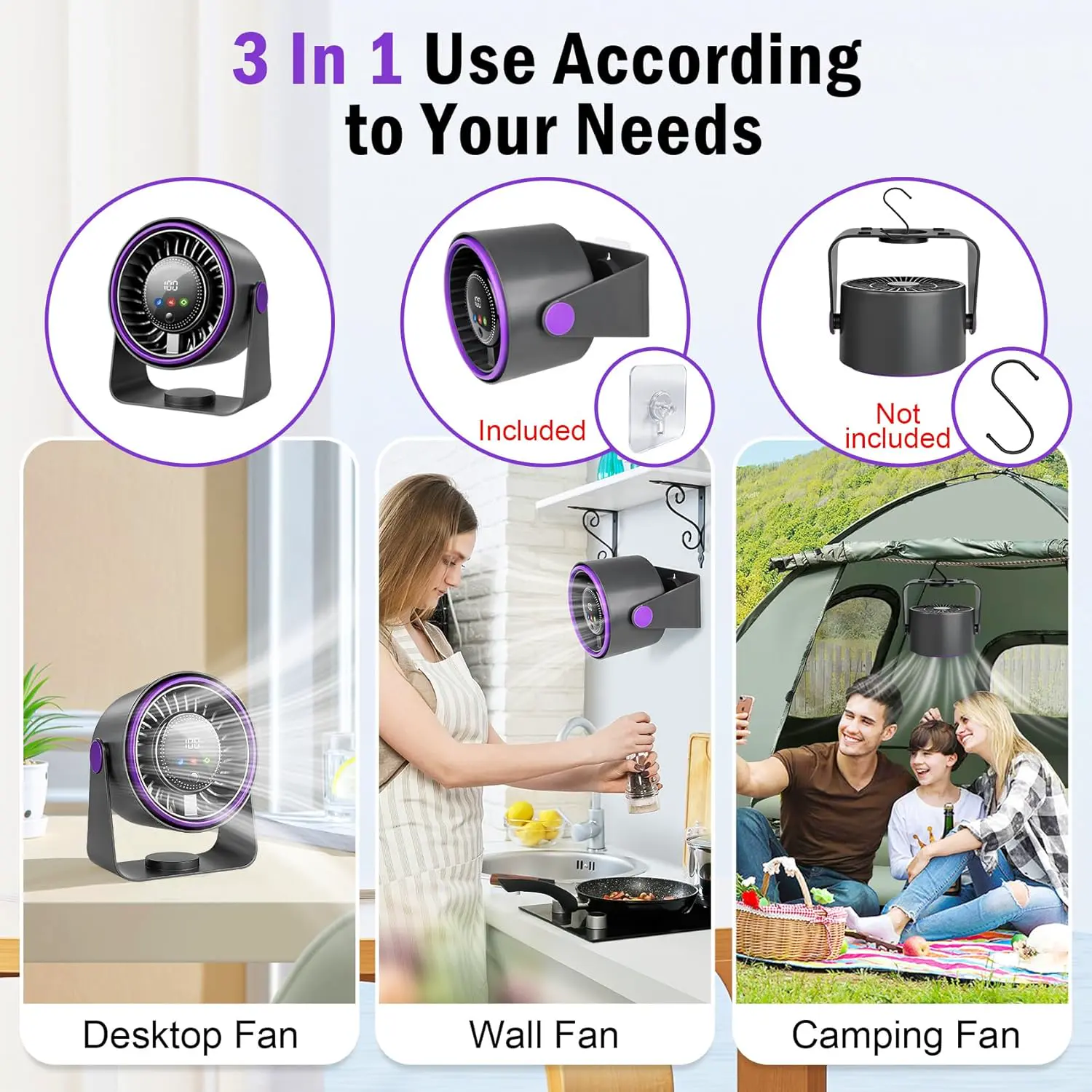 Tischventilator, 3 in 1 USB Ventilator Leise Tischventilatoren Mini Ventilator 5 Geschwindigkeiten Camping Tisch Ventilatoren mit Akku 360° Einstellbar para Cocina,Dormitorio,Camping,Oficina,Outdoor vue 3