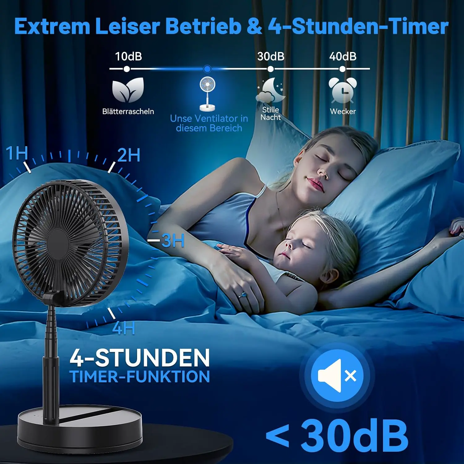 Leise Tragbarer Ventilator mit Fernbedienung - 8,6" Tisch und Stand Faltbarer Fan, 4 Modi/4 Std Timer/Oszillierender - 8000mAh Akku USB-C, Klein Standventilator für Schlafzimmer Büro Camping Reise vue 2