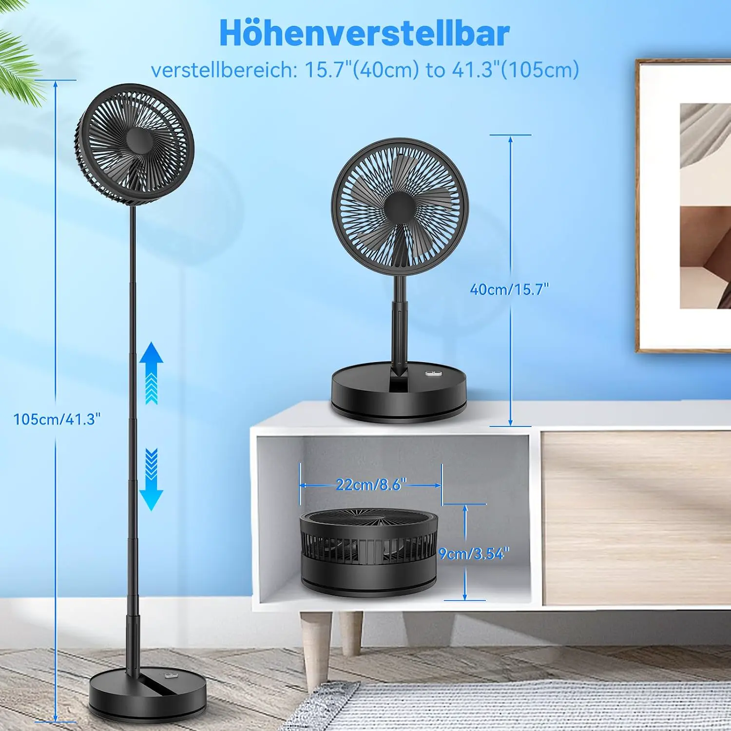 Leise Tragbarer Ventilator mit Fernbedienung - 8,6" Tisch und Stand Faltbarer Fan, 4 Modi/4 Std Timer/Oszillierender - 8000mAh Akku USB-C, Klein Standventilator für Schlafzimmer Büro Camping Reise vue 5