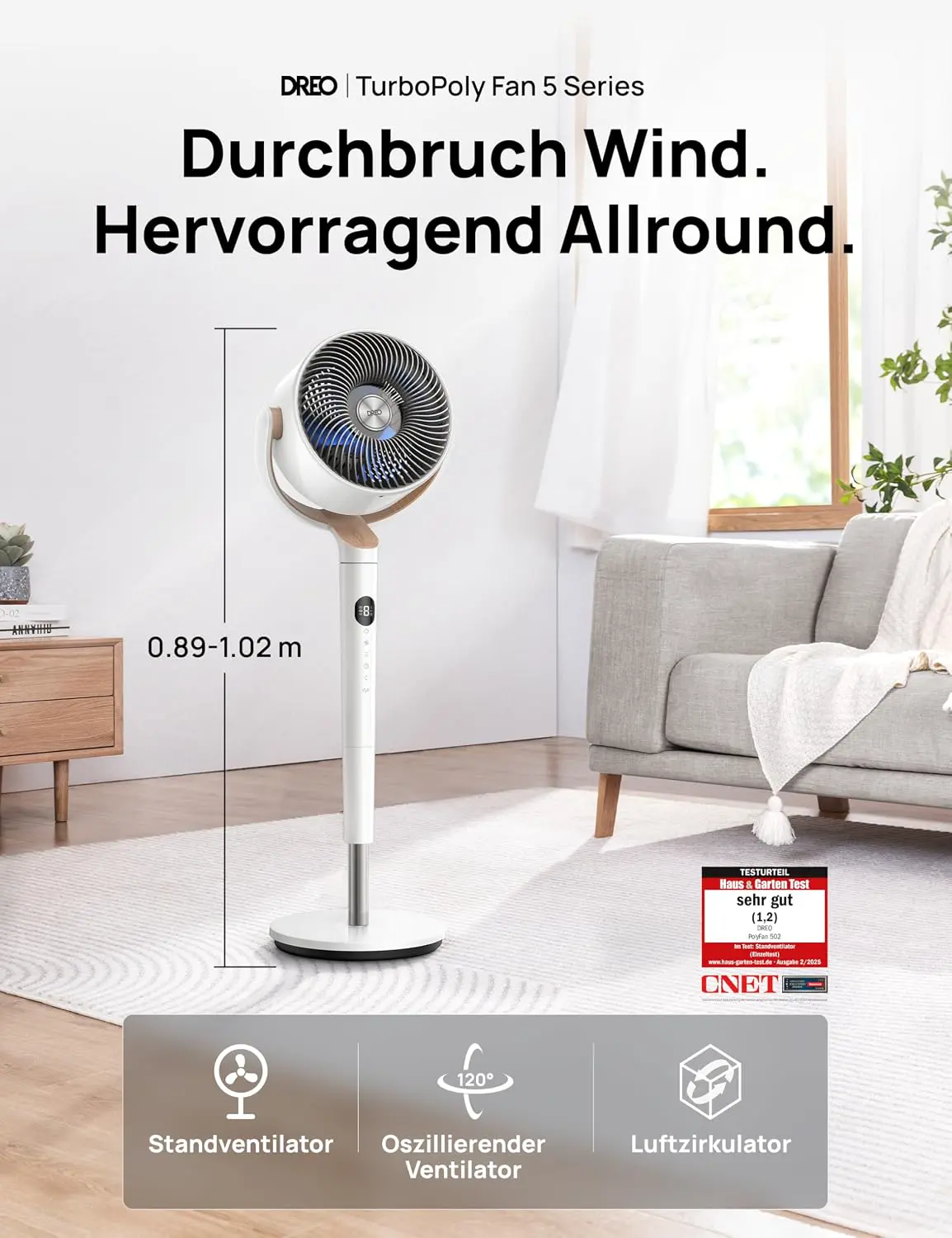 DREO 23dB leiser Standventilator, 120°+120° Omni-direktionale oszillierende Ventilator, 27M Windentfernung, 1615 m³/h LuftVolumenn Echt Turbo-Luftzirkulator Fans, 89-102cm Höhe 3 Modi 8-Geschwindigkeit vue 2