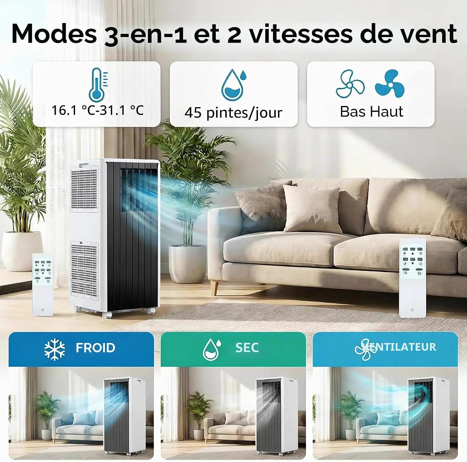 Mobile Klimaanlage 6 in 1, tragbar, leise, mit Luftkühler 1200 ml, 1-12 Stunden Timer, 4 Geschwindigkeitsstufen, 120 ° Oszillation, Touch-Tasten (Creamweiß) vue 4