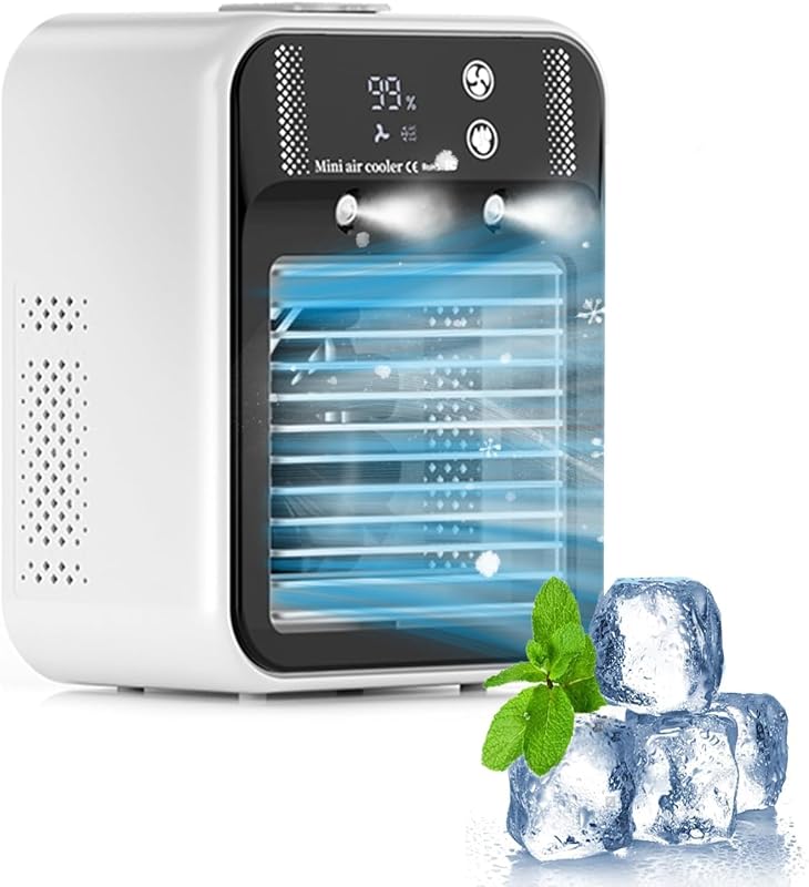 Mobile Klimaanlage, Tragbare Luftkühlgerät, leise Mobile Klimaanlage mit 500ml Wasserbehälter, 2 Lüftungsstufen & 2 Sprühmodi, Mini Klimatisierung für Schlafzimmer und Outdoor Camping(Weiß)